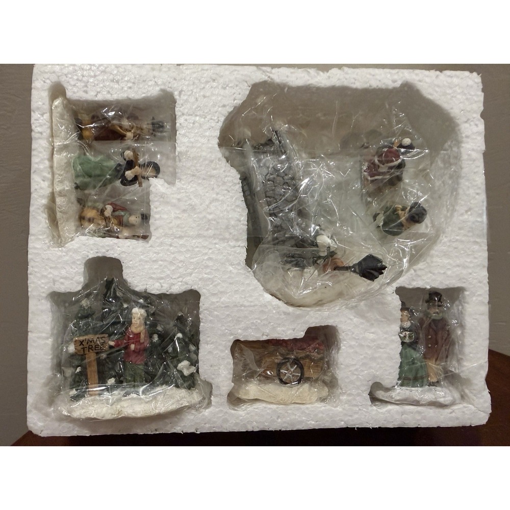 Vintage Christmas Village Accessory Lot Resin Bridge Trees Cart Figures New